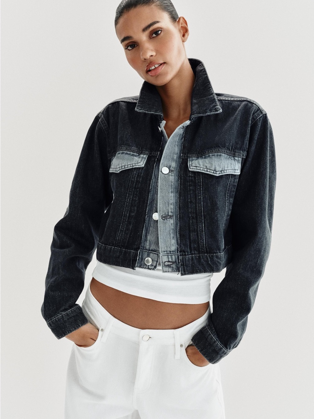 Zara Z1975 CROPPED CONTRAST DENIM JACKET GREY1889/155/802